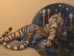 Size: 1538x1166 | Tagged: suggestive, artist:teiirka, big cat, feline, mammal, tiger, anthro, 2012, armlet, black body, black fur, blue eyes, bracelet, candle, clothes, ears, female, fur, jewelry, loincloth, looking at you, looking back, looking back at you, see-through, signature, solo, solo female, striped fur, tail, traditional art, white body, white fur, white tiger