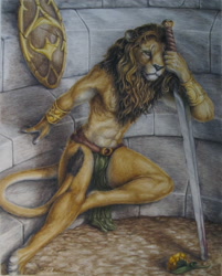 Size: 1982x2470 | Tagged: safe, artist:teiirka, big cat, feline, lion, mammal, anthro, 2011, brown hair, clothes, ears, fur, hair, leonine tail, loincloth, male, mane, partial nudity, paws, shield, signature, solo, solo male, sword, tail, tail tuft, tan body, tan fur, topless, traditional art, weapon