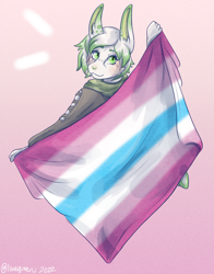 Size: 900x1150 | Tagged: safe, artist:livegreen, oc, oc only, ambiguous species, anthro, 2022, blushing, commission, dyed hair, ear fluff, femboy, femboy pride flag, flag, fluff, fur, gradient background, green eyes, green nose, hair, heart nose, holding, holding object, looking back, male, pride flag, smiling, solo, solo male, standing, white body, white fur, ych result