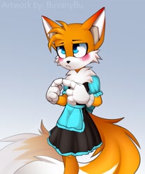 Size: 1707x2048 | Tagged: safe, artist:bubuvany, miles "tails" prower (sonic), canine, fox, mammal, sega, sonic the hedgehog (series), 2021, blushing, blushing ears, bottomwear, clothes, dress, femboy, frowning, fur, looking offscreen, male, shy, solo, solo male, standing, yellow body, yellow fur
