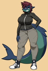 Size: 1100x1650 | Tagged: safe, artist:shyguy9, oc, oc only, oc:meryl (ad_pronin), fish, shark, anthro, plantigrade anthro, 2023, big breasts, bottomwear, breasts, clothes, female, fins, fish tail, grin, hair, huge breasts, pants, shark tail, shoes, solo, solo female, sweater, tail, tail fin, thick thighs, thighs, topwear, wide hips