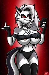 Size: 752x1150 | Tagged: suggestive, alternate version, artist:dark-lamprey, loona (vivzmind), canine, fictional species, hellhound, mammal, anthro, hazbin hotel, helluva boss, 2022, areola, areola slip, belly button, big breasts, black nose, bottomwear, breasts, cell phone, clothes, collar, colored sclera, crop top, digital art, ear piercing, ears, evening gloves, eyelashes, female, fingerless gloves, fingers, fur, gloves, hair, jacket, legwear, long gloves, looking at you, middle finger, nipple outline, phone, piercing, pose, red sclera, shorts, simple background, smartphone, solo, solo female, spiked collar, stockings, tank top, thighs, topwear, unamused, vulgar, wide hips