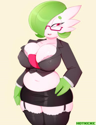 Size: 2550x3300 | Tagged: suggestive, artist:hotkeke1, fictional species, gardevoir, anthro, nintendo, pokémon, 2019, belly button, big breasts, blushing, bottomwear, bra, breast squish, breasts, clothes, crop top, digital art, ears, eyelashes, female, glasses, hair, hair over one eye, hand on hip, legwear, looking at you, nipple outline, pose, shirt, skirt, solo, solo female, stockings, thighs, topwear, underwear, wide hips
