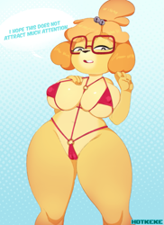 Size: 873x1200 | Tagged: suggestive, artist:hotkeke1, isabelle (animal crossing), canine, dog, mammal, shih tzu, anthro, animal crossing, nintendo, 2019, bedroom eyes, belly button, big breasts, bikini, black nose, blushing, breasts, cameltoe, clothes, digital art, ears, eyelashes, female, front view, fur, glasses, hair, looking at you, micro bikini, nipple outline, piercing, pose, simple background, solo, solo female, swimsuit, tail, thighs, wide hips