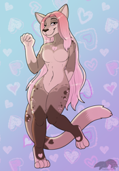 Size: 1680x2400 | Tagged: safe, artist:thatblackfox, oc, cat, feline, mammal, anthro, abstract background, belly button, brown body, brown fur, cute, digital art, ears, female, fur, hair, looking at you, one eye closed, pastel, paws, pink eyes, pink hair, shy, solo, solo female, tail