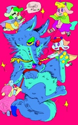 Size: 800x1280 | Tagged: safe, artist:puppychan, oc, oc only, bovid, canine, caprine, mammal, sheep, wolf, anthro, abstract, blue body, blue fur, cyan fur, duo, english text, female, fur, magenta background, male, text