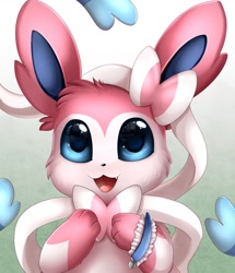 Size: 1100x1280 | Tagged: safe, artist:pridark, eeveelution, fictional species, mammal, sylveon, feral, nintendo, pokémon, blue eyes, female, fur, looking at you, open mouth, ribbons (body part), simple background, smiling, smiling at you, solo, solo female, white body, white fur