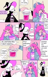 Size: 800x1280 | Tagged: safe, artist:puppychan, oc, oc:magna (puppychan), oc:tammy (puppychan), canine, fox, mammal, wolf, anthro, beanie, black robe, blushing, clothes, comic, duo, duo female, english text, female, females only, fur, hair, hat, headwear, pink body, pink fur, pink hair, robe, talking, text, witch, witch hat