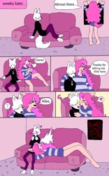Size: 800x1280 | Tagged: safe, artist:puppychan, oc, oc only, oc:magna (puppychan), oc:tammy (puppychan), canine, fox, mammal, wolf, anthro, comic, couch, detailed background, duo, duo female, female, females only, floor, hair, indoors, pink hair, romantic couple