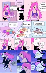 Size: 800x1280 | Tagged: safe, artist:puppychan, oc, oc only, oc:magna (puppychan), oc:tammy (puppychan), canine, fox, mammal, wolf, anthro, clothes, crepes, crop top, door, duo, english text, female, food, fur, hair, hat, headwear, long hair, macaron, midriff, night, open mouth, open smile, pastries, pink body, pink fur, pink hair, robe, romantic couple, smiling, text, topwear, walking, witch, witch hat