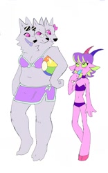 Size: 800x1280 | Tagged: safe, artist:puppychan, oc, oc only, oc:darle (puppychan), oc:luca (puppychan), oc:luci (puppychan), oc:thorn (puppychan), bovid, canine, cerberus, fictional species, goat, mammal, anthro, ball, beach ball, bra, clothes, duo, duo female, female, females only, hair, looking at each other, multiple heads, panties, purple hair, simple background, three heads, underwear, white background