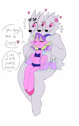 Size: 800x1280 | Tagged: safe, artist:puppychan, oc, oc only, oc:darle (puppychan), oc:luca (puppychan), oc:luci (puppychan), oc:thorn (puppychan), bovid, canine, cerberus, fictional species, goat, mammal, anthro, duo, duo female, english text, female, females only, fur, hair, horns, multiple heads, pink body, pink fur, purple hair, simple background, sitting, sitting on lap, speech bubble, text, three heads, white background