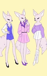 Size: 800x1280 | Tagged: safe, artist:puppychan, fenneko (aggretsuko), canine, fennec fox, fox, mammal, anthro, aggretsuko, sanrio, boots, bottomwear, business suit, clothes, dress, female, fur, multiple images, pink dress, shoes, shoulderless, simple background, skirt, solo, solo female, tan body, tan fur, yellow background