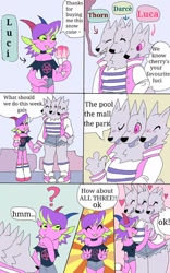 Size: 800x1280 | Tagged: safe, artist:puppychan, oc, oc only, oc:darle (puppychan), oc:luca (puppychan), oc:luci (puppychan), oc:thorn (puppychan), bovid, canine, cerberus, fictional species, goat, mammal, anthro, bottomwear, clothes, comic, duo, duo female, female, females only, hair, multiple heads, purple hair, short shorts, shorts, three heads