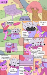 Size: 800x1280 | Tagged: safe, artist:puppychan, oc, oc only, oc:darle (puppychan), oc:luca (puppychan), oc:luci (puppychan), oc:thorn (puppychan), bovid, canine, cerberus, fictional species, goat, mammal, anthro, black nose, clothes, comic, duo, duo female, english text, female, females only, hand hold, holding, multiple heads, outdoors, plant, running, scarf, text, three heads, tree