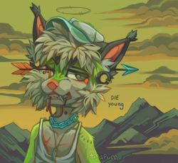 Size: 1761x1620 | Tagged: safe, artist:tigakki, oc, oc only, canine, mammal, anthro, cheek fluff, clothes, collar, digital art, digital painting, fluff, fur, green body, green fur, male, pink nose, sky, solo, solo male, tank top, topwear