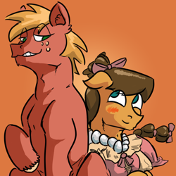 Size: 3000x3000 | Tagged: safe, artist:fumalunga, big macintosh (mlp), caramel (mlp), earth pony, equine, fictional species, mammal, pony, feral, friendship is magic, hasbro, my little pony, 2023, blushing, caramac (mlp), clothes, crossdressing, duo, duo male, high res, male, male/male, males only, shipping, smiling, stallion