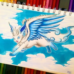 Size: 640x640 | Tagged: safe, artist:abz-art, oc, oc only, oc:zephyreon, fakemon, fictional species, feral, nintendo, pokémon, 2019, abstract background, ambiguous gender, blue eyes, cloud, fake eeveelution, feathered wings, feathers, flying, fur, looking at you, open mouth, open smile, smiling, solo, solo ambiguous, traditional art, white body, white fur, wings
