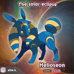 Size: 1080x1080 | Tagged: safe, artist:_elite.4_, oc, oc:helioseon, eeveelution, fakemon, fictional species, feral, nintendo, pokémon, 2018, abstract background, blue body, english text, fake eeveelution, green eyes, looking offscreen, solo, text