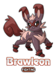 Size: 1679x2264 | Tagged: safe, artist:splatterparrot, oc, oc:brawleon, fakemon, fictional species, feral, nintendo, pokémon, 2019, brown body, english text, fake eeveelution, looking offscreen, outline, raised leg, simple background, smiling, solo, text, transparent background