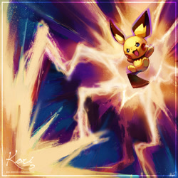 Size: 1024x1022 | Tagged: safe, artist:koriarredondo, fictional species, mammal, pichu, nintendo, pokémon, 2018, abstract background, ambiguous gender, electricity, looking offscreen, midair, open mouth, solo, yellow body