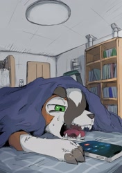 Size: 1442x2048 | Tagged: safe, artist:kusochibikemona, fictional species, lycanroc, mammal, feral, nintendo, pokémon, 2023, ambiguous gender, bed sheets, ceilling, cell phone, cute, detailed background, green eyes, indoors, open mouth, phone, room, smartphone, solo, solo ambiguous, teeth, transformation, under blanket, wall