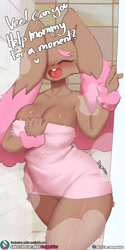 Size: 998x2000 | Tagged: suggestive, artist:burgerkiss, oc, oc only, oc:mompunny, fictional species, lopunny, mammal, shiny pokémon, anthro, nintendo, pokémon, 2023, after shower, arm fluff, blushing, breasts, detailed background, digital art, ears, eyebrows, eyelashes, eyes closed, female, front view, fur, looking at you, mature, mature female, one eye closed, open mouth, pink nose, pose, short tail, shower room, solo, solo female, tail, thick thighs, thighs, tongue, towel, wide hips