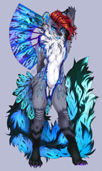 Size: 692x1154 | Tagged: safe, artist:bomi, artist:mamaowl, hybrid, hyena, mammal, anthro, ambiguous gender, blue body, blue eyes, blue fur, blue tongue, chest fluff, claws, colored tongue, ear piercing, ears, feathers, fluff, fur, gray background, gray body, gray fur, hair, industrial piercing, neck fluff, paw pads, paws, piercing, red hair, simple background, solo, standing, tail, teeth, tongue, tongue out, white body, white fur