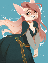 Size: 979x1280 | Tagged: safe, artist:sorafoxyteils, cat, feline, mammal, anthro, bottomwear, breasts, cleavage, clothes, cute, dress, ear piercing, female, hair, leaning forward, long hair, looking at you, piercing, ring, shawl, simple background, smiling, solo, solo female