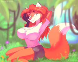 Size: 1100x879 | Tagged: suggestive, artist:terhem, oc, oc:sheila vixen, canine, fox, mammal, anthro, 2016, arm behind head, big breasts, bottomwear, breasts, cleavage, cleavage fluff, clothes, digital art, dipstick tail, female, flower, fluff, fur, gloves (arm marking), hair, hands, long hair, looking at you, open mouth, open smile, orange body, orange fur, outdoors, pink nose, plant, raised tail, red hair, shirt, short shorts, shorts, sitting, smiling, smiling at you, solo, solo female, t-shirt, tail, teeth, text, topwear, tree, vines, vixen, water, waterfall, white body, white fur