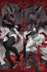 Size: 2094x3211 | Tagged: safe, artist:im_pipemare, loona (vivzmind), canine, fictional species, hellhound, mammal, anthro, digitigrade anthro, hazbin hotel, helluva boss, 2022, big butt, blep, body pillow design, breasts, butt, clothes, collar, crop top, female, panties, shirt, solo, solo female, spiked collar, strategically covered, thick thighs, thighs, tongue, tongue out, topwear, underwear, wide hips