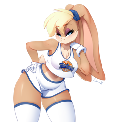 Size: 1280x1280 | Tagged: safe, artist:anarchypuppet, lola bunny (looney tunes), lagomorph, mammal, rabbit, anthro, looney tunes, space jam, warner brothers, 2021, bedroom eyes, bent over, bottomwear, breasts, buckteeth, clothes, crop top, digital art, ears, eyelashes, fur, gloves, hair, legwear, looking at you, midriff, pink nose, pose, shirt, shorts, simple background, stockings, tail, teeth, thighs, topwear, wide hips