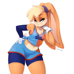 Size: 1280x1280 | Tagged: safe, alternate version, artist:anarchypuppet, lola bunny (looney tunes), lagomorph, mammal, rabbit, anthro, looney tunes, space jam, space jam: a new legacy, warner brothers, 2021, bedroom eyes, bent over, bottomwear, breasts, buckteeth, clothes, crop top, digital art, ears, eyelashes, fur, gloves, hair, legwear, looking at you, midriff, pink nose, pose, shirt, short tail, shorts, simple background, small breasts, stockings, tail, teeth, thighs, topwear, wide hips