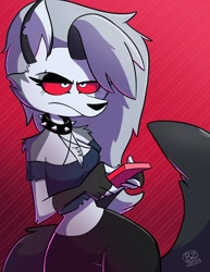 Size: 1583x2048 | Tagged: safe, artist:jurassiczalar, loona (vivzmind), canine, fictional species, hellhound, mammal, anthro, hazbin hotel, helluva boss, 2020, belly button, black nose, bottomwear, breasts, cell phone, clothes, collar, colored sclera, crop top, digital art, ears, evening gloves, eyelashes, female, fingerless gloves, front view, fur, gloves, hair, long gloves, looking at you, phone, red sclera, shorts, smartphone, solo, solo female, spiked collar, tail, tank top, thighs, topwear, unamused, wide hips