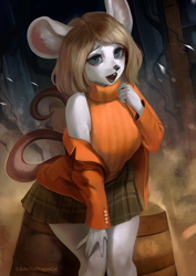 Size: 900x1274 | Tagged: safe, artist:juliathedragoncat, ashley graham (resident evil), mammal, mouse, rodent, anthro, capcom, resident evil, 2023, anthrofied, bent over, black nose, bottomwear, breasts, buckteeth, clothes, digital art, ears, eyelashes, female, fur, hair, looking at you, moushley, open mouth, shirt, skirt, solo, solo female, tail, teeth, thighs, tongue, topwear, wide hips