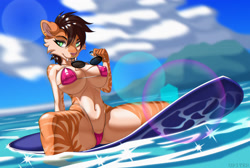 Size: 2341x1574 | Tagged: suggestive, artist:up1ter, oc, oc only, big cat, feline, mammal, tiger, anthro, 2023, beach, big breasts, bikini, black nose, breasts, cameltoe, clothes, commission, detailed background, digital art, ears, eyelashes, female, fur, hair, micro bikini, nipple outline, ocean, solo, solo female, swimsuit, tail, thighs, water, wide hips