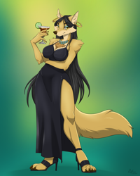 Size: 1600x2000 | Tagged: safe, artist:akide-volfs.ar, oc, oc only, canine, mammal, wolf, anthro, digitigrade anthro, 2023, bottomwear, breasts, clothes, commission, detailed background, digital art, dress, ears, eyelashes, female, fluff, fur, hair, high heels, looking at you, neck fluff, shoes, side slit, simple background, solo, solo female, tail, thighs, wide hips