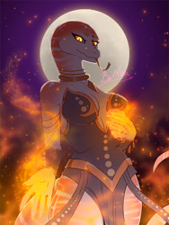 Size: 750x1000 | Tagged: safe, artist:belassa, oc, oc only, lizard, reptile, anthro, 2023, breasts, clothes, commission, detailed background, digital art, ears, eyelashes, female, fire, looking at you, magic, solo, solo female, tail, thighs, wide hips, ych result