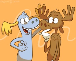 Size: 1465x1184 | Tagged: safe, artist:rolyjulioli, bullwinkle j. moose (rocky and bullwinkle), lumpy (htf), cervid, mammal, moose, anthro, happy tree friends, rocky and bullwinkle (series), abstract background, black eyes, blue body, blue fur, brown body, brown fur, closed mouth, clothes, crossover, duo, duo male, fluff, fur, gloves, horns, male, males only, open mouth, orange background, simple background, smiling, teeth, toony, white gloves