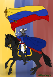 Size: 714x1032 | Tagged: safe, artist:ohs688, canine, equine, horse, mammal, wolf, anthro, feral, lifelike feral, clothes, flag, furrified, gran colombia, non-sapient, realistic, simón bolívar, sword, weapon