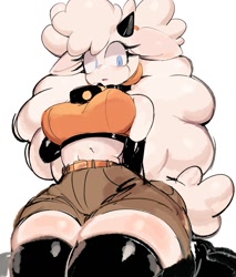 Size: 871x1024 | Tagged: safe, artist:usa37107692, lanolin the sheep (sonic), bovid, caprine, mammal, sheep, anthro, idw sonic the hedgehog, sega, sonic the hedgehog (series), 2023, bell, belly button, belt, big breasts, black gloves, bottomwear, breasts, clothes, curvy, cyan eyes, evening gloves, eyelashes, female, fur, gloves, hair, horns, huge thighs, legwear, long gloves, looking at you, looking down, looking down at you, low angle, midriff, open mouth, pink nose, short shorts, shorts, simple background, solo, solo female, tail, thigh highs, white background, white body, white fur, white hair, zettai ryouiki