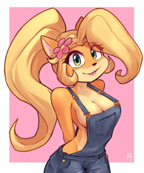 Size: 2500x3000 | Tagged: suggestive, artist:alex-toons, coco bandicoot (crash bandicoot), bandicoot, mammal, marsupial, anthro, crash bandicoot (series), arms behind back, black nose, blonde hair, border, breasts, cleavage, clothes, countershade torso, countershading, ear piercing, earring, female, flower, flower in hair, green eyes, hair, hair accessory, hands behind back, happy, long hair, looking at you, medium breasts, multicolored body, multicolored face, multicolored skin, orange body, orange skin, overalls, piercing, pink background, plant, ponytail, portrait, simple background, skin, smiling, smiling at you, solo, solo female, tan body, tan countershading, tan skin, three-quarter portrait, three-quarter view, tied hair, two toned body, white border