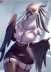 Size: 897x1269 | Tagged: safe, artist:pakwan008, washimi (aggretsuko), bird, bird of prey, secretary bird, anthro, aggretsuko, sanrio, 2023, big breasts, bottomwear, breasts, business lady, cleavage, clothes, feathered wings, feathers, female, fluff, neck fluff, skirt, solo, solo female, thick thighs, thighs, wide hips, winged arms, wings