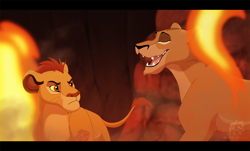 Size: 998x603 | Tagged: safe, artist:windwo1f, kion (the lion guard), zira (the lion king), big cat, feline, lion, mammal, feral, disney, the lion guard, the lion king, cub, duo, female, fire, letterboxing, lioness, male, young