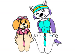 Size: 1280x915 | Tagged: safe, artist:secretos1, everest (paw patrol), skye (paw patrol), canine, cockapoo, dog, husky, mammal, siberian husky, anthro, plantigrade anthro, nickelodeon, paw patrol, anthrofied, barefoot, clothes, duo, duo female, ears, feet, female, females only, fetish, foot fetish, foot focus, goggles, hat, headwear, jacket, simple background, soles, tail, toe ring, toes, topwear, white background