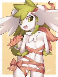Size: 3101x4096 | Tagged: suggestive, artist:zinfyu, fictional species, legendary pokémon, mythical pokémon, shaymin, shaymin sky forme, anthro, nintendo, pokémon, 2023, areola, areola slip, arm behind back, belly button, black nose, blushing, border, breasts, digital art, ears, eyelashes, fur, hair, nudity, open mouth, pose, ribbon, simple background, tail, thighs, tongue, white border, wide hips