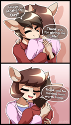 Size: 734x1280 | Tagged: safe, artist:alfa995, oc, oc only, oc:jill (alfa995), oc:joey (alfa995), kangaroo, mammal, marsupial, 2023, breasts, clothes, comic, dialogue, digital art, duo, duo male and female, ears, eyelashes, eyes closed, female, fur, hair, holiday, hug, implied incest, macropod, male, mother, mother and child, mother and son, mother's day, open mouth, pose, shirt, son, speech bubble, talking, text, tongue, topwear