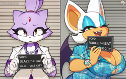 Size: 1920x1205 | Tagged: safe, artist:krokobyaka, blaze the cat (sonic), rouge the bat (sonic), bat, cat, feline, mammal, anthro, barbie, grand theft auto, mattel, rockstar games, sega, sonic the hedgehog (series), 2023, aloha shirt, amber eyes, barbie (movie), barbie mugshot meme, big breasts, breasts, chain, chain necklace, cleavage, clothes, cosplay, digital art, duo, duo female, ears, eyeshadow, female, females only, frowning, fur, green eyes, jewelry, lance vance, lidded eyes, looking at you, makeup, meme, mugshot, nail polish, necklace, one eye closed, open mouth, open smile, purple body, purple fur, shirt, smiling, strained button, suit, tommy vercetti, topwear, watch, white body, white fur, winking, wristwatch