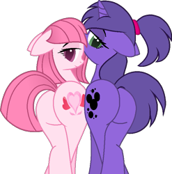 Size: 689x696 | Tagged: suggestive, artist:lilylocket, artist:muhammad yunus, oc, oc only, oc:annisa trihapsari, oc:violetta cuddles belle, earth pony, equine, fictional species, mammal, pony, unicorn, feral, friendship is magic, hasbro, my little pony, adorasexy, annibutt, base used, butt, butt to butt, butt touch, cute, duo, duo female, female, females only, hair, looking at you, looking back, looking back at you, mare, ponytail, sexy, simple background, smiling, smiling at you, sultry pose, transparent background