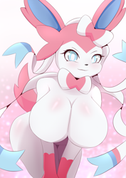 Size: 1615x2281 | Tagged: suggestive, artist:pilu21, eeveelution, fictional species, mammal, sylveon, anthro, nintendo, pokémon, 2023, bent over, black nose, blushing, breasts, digital art, ears, eyelashes, featureless breasts, female, fur, hanging breasts, huge breasts, looking at you, ribbons (body part), solo, solo female, tail, thighs, wide hips